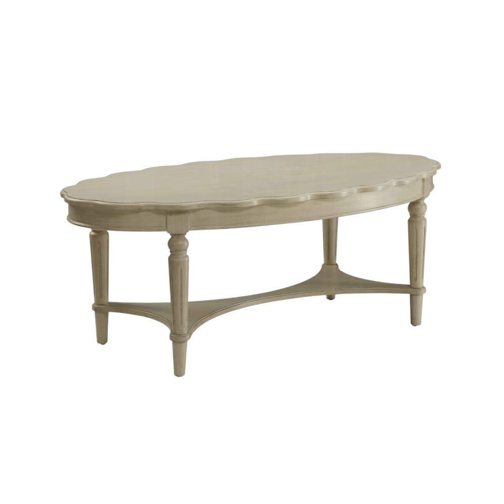50" Antiqued White Solid Wood Oval Distressed Coffee Table-Coffee Tables-DECOROLALA