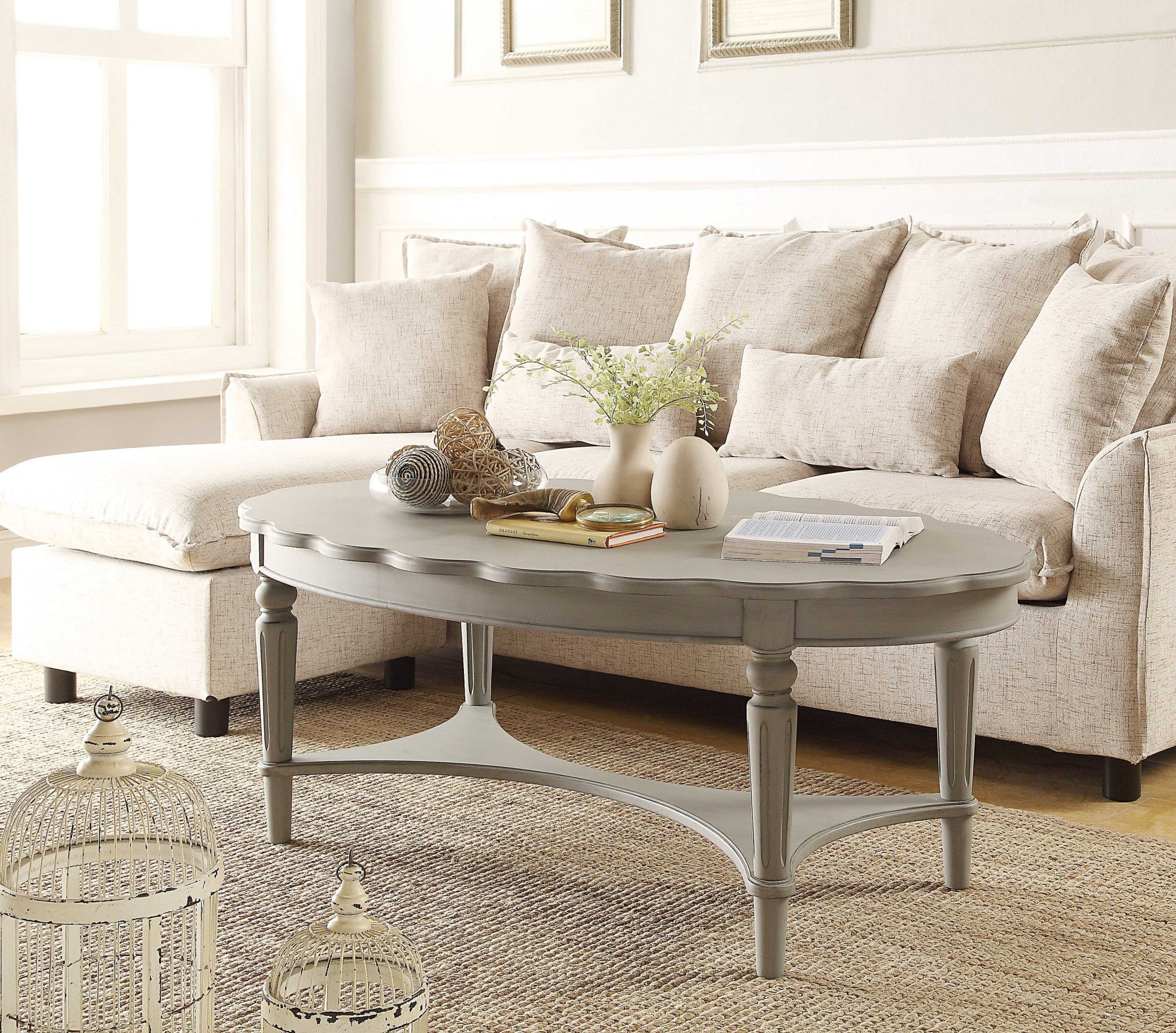 50" Antiqued White Solid Wood Oval Distressed Coffee Table-Coffee Tables-DECOROLALA