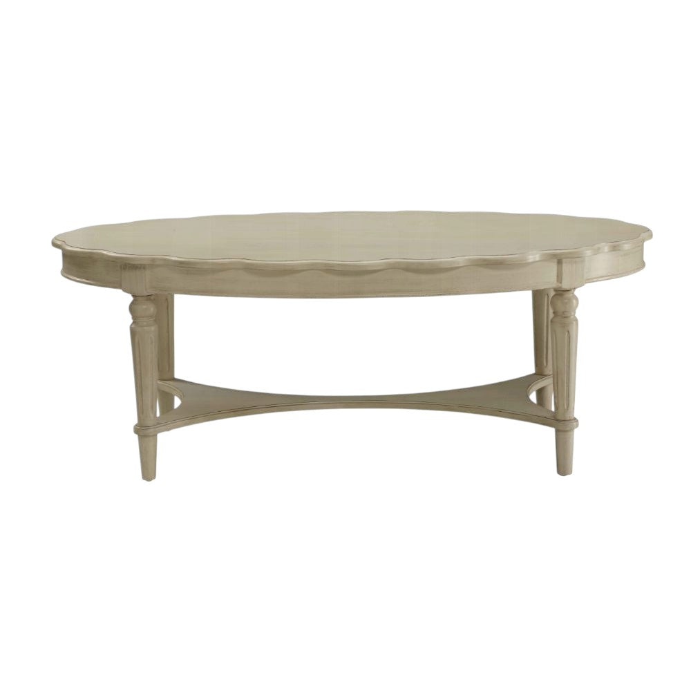 50" Antiqued White Solid Wood Oval Distressed Coffee Table-Coffee Tables-DECOROLALA