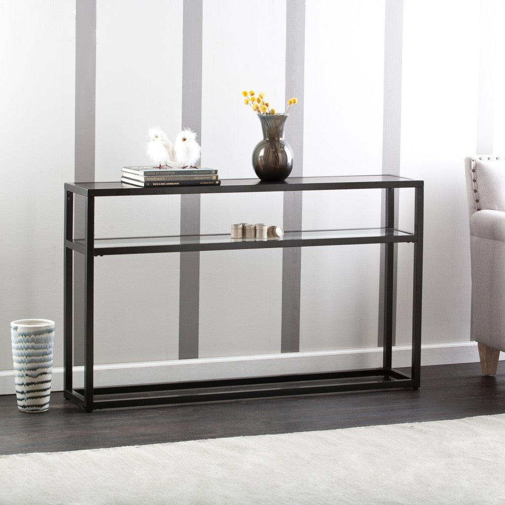 50" Black Glass Frame Console Table With Shelves-Console Tables-DECOROLALA