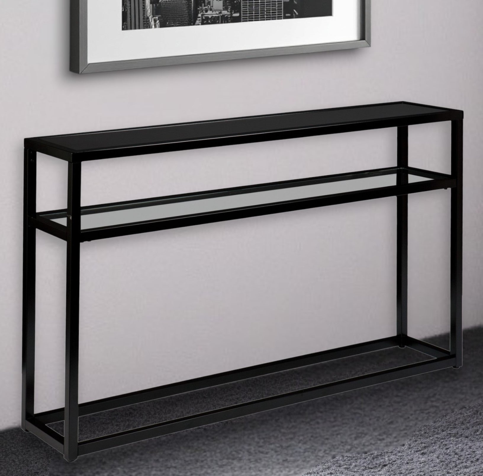 50" Black Glass Frame Console Table With Shelves-Console Tables-DECOROLALA