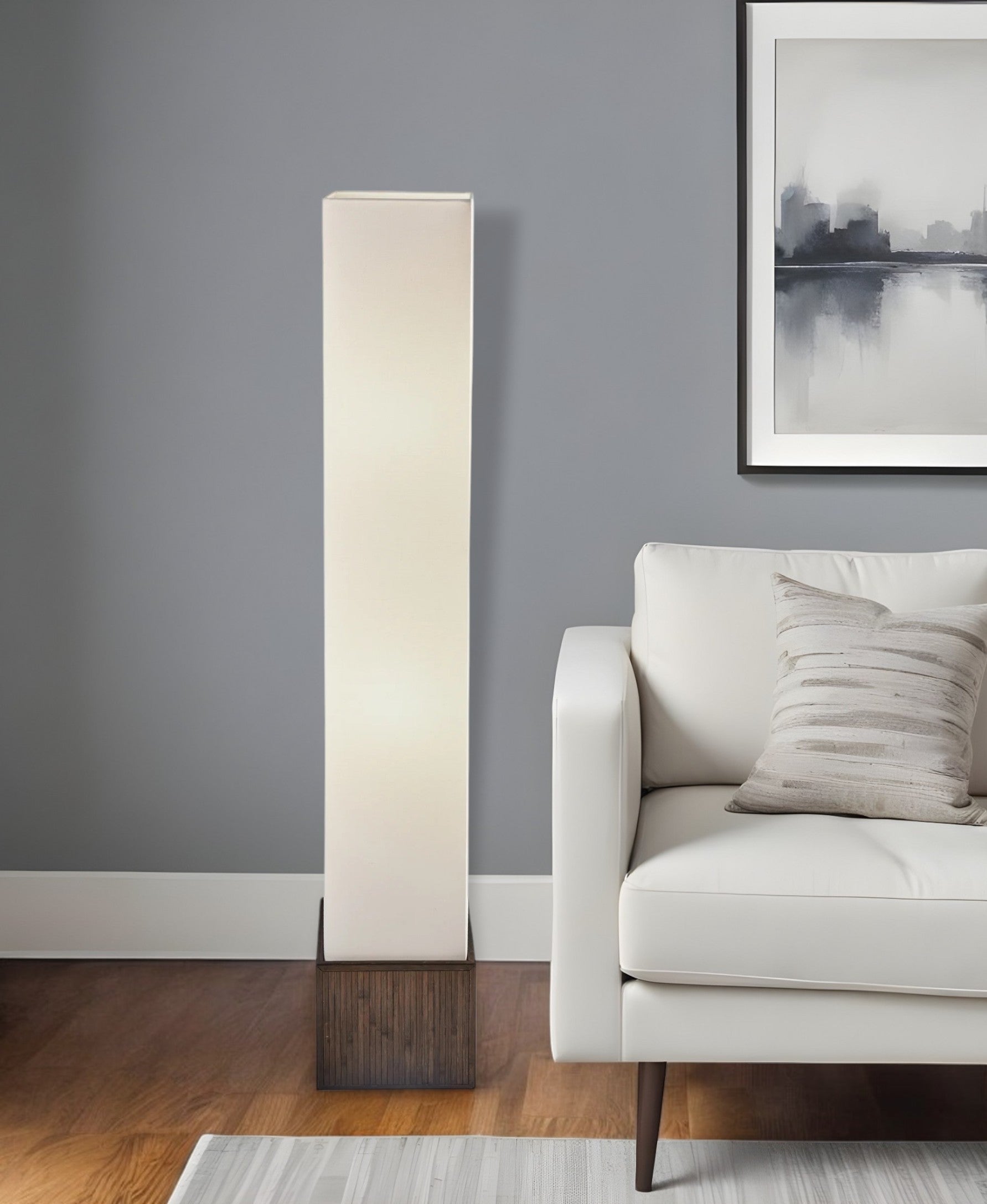 50" Brown And White Rattan Two Light Column Floor Lamp With White Fabric Shade-Floor Lamps-DECOROLALA