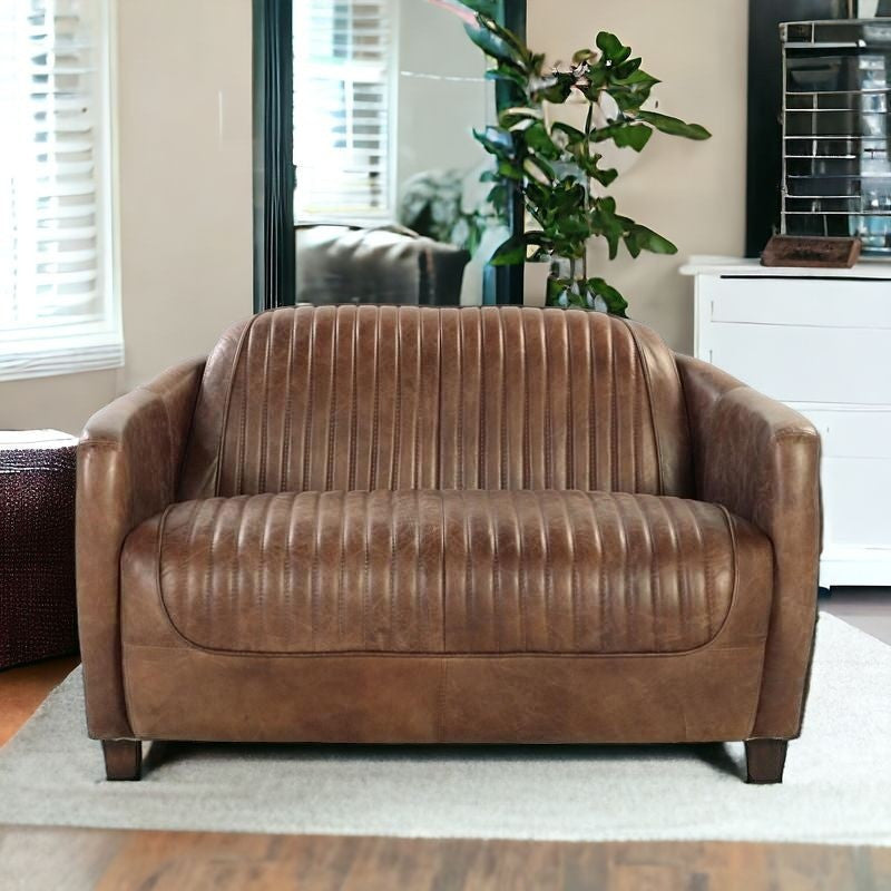 50" Brown Leather Loveseat-Love Seats-DECOROLALA