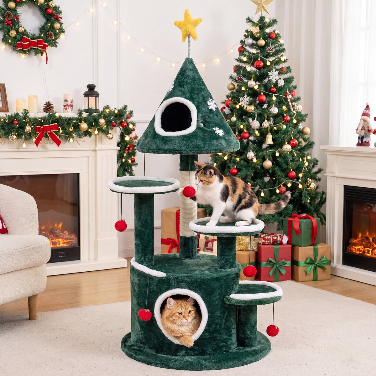 50" Christmas Cat Tree with 2 Condos and Sisal Scratching Post-Green-Cat Trees & Scratchers-DECOROLALA