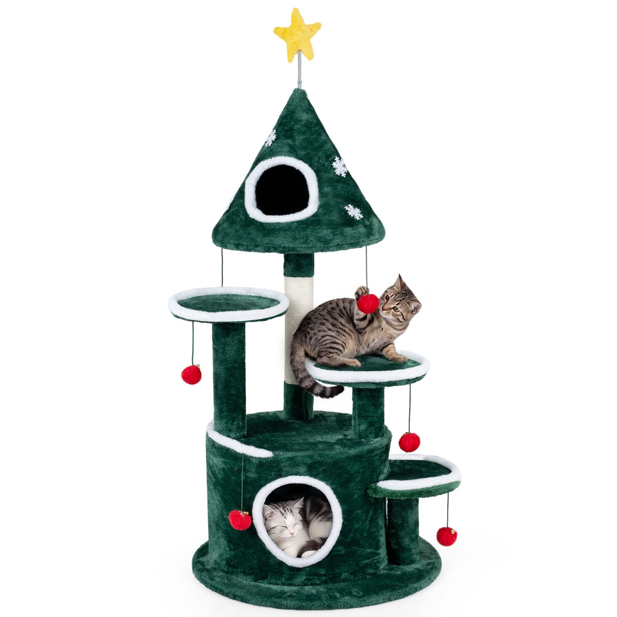 50" Christmas Cat Tree with 2 Condos and Sisal Scratching Post-Green-Cat Trees & Scratchers-DECOROLALA