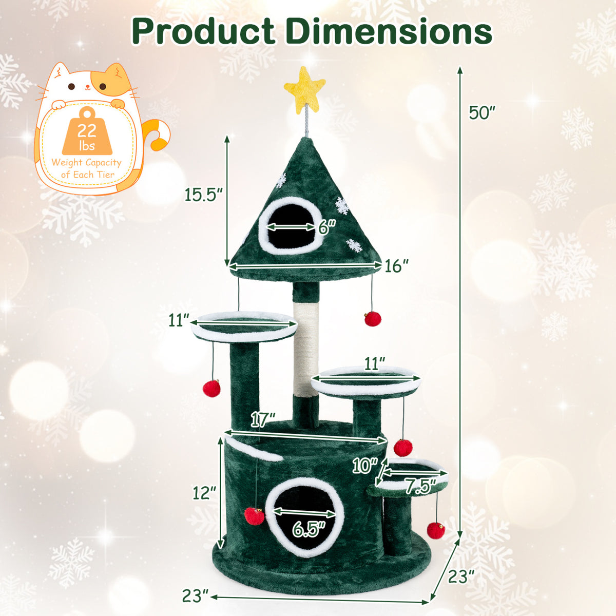 50" Christmas Cat Tree with 2 Condos and Sisal Scratching Post-Green-Cat Trees & Scratchers-DECOROLALA