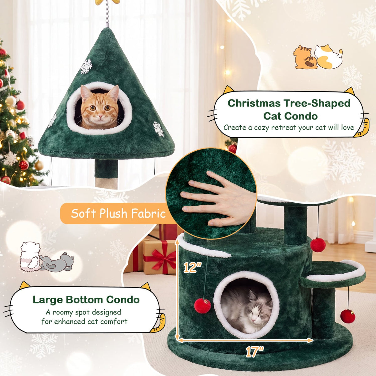 50" Christmas Cat Tree with 2 Condos and Sisal Scratching Post-Green-Cat Trees & Scratchers-DECOROLALA