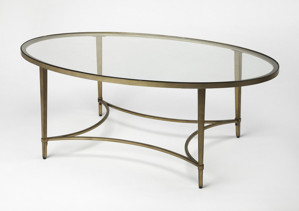 50" Clear and Gold Glass and Metal Oval Coffee Table-Coffee Tables-DECOROLALA