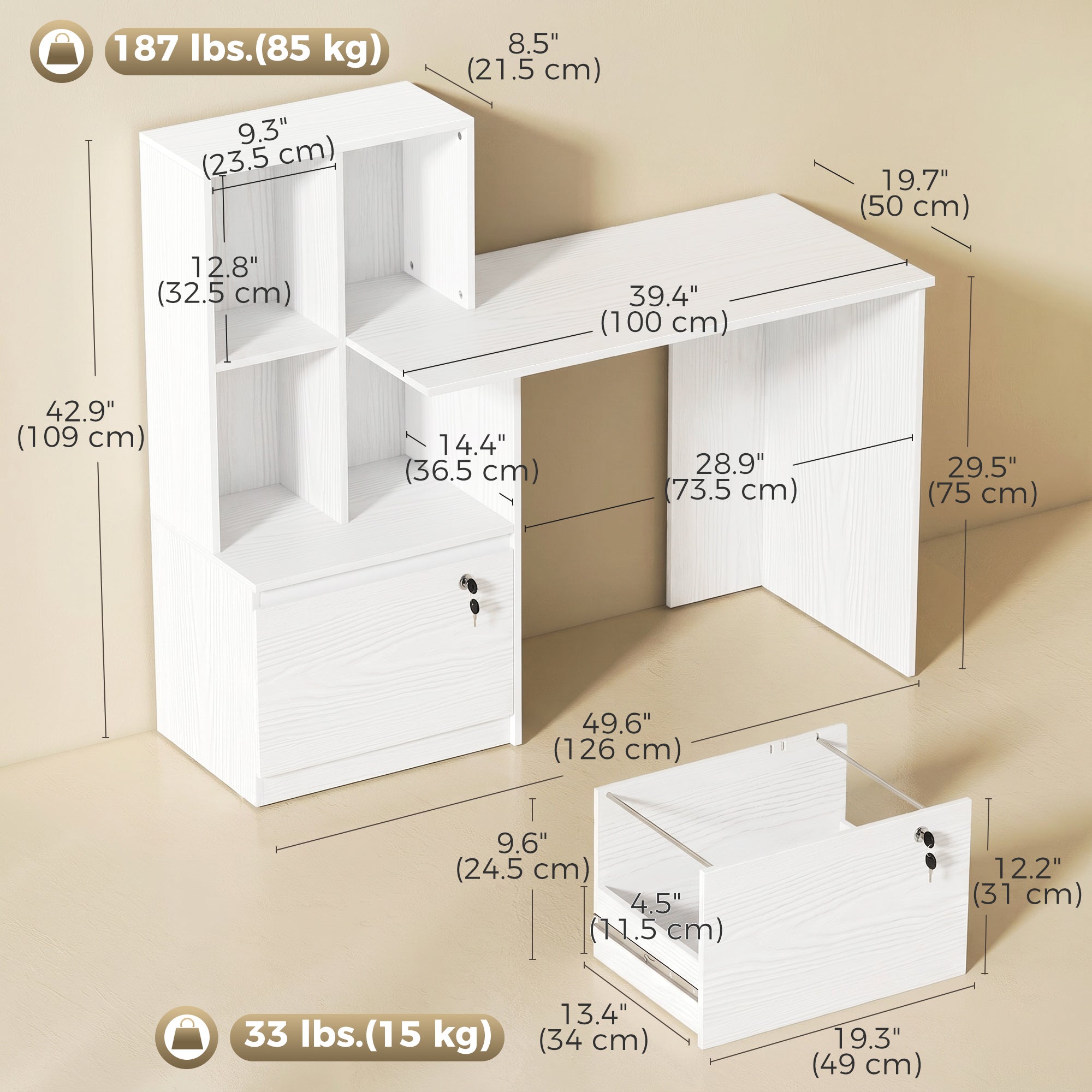 50" Computer Desk with Bookshelf and File Drawer - White-Office Products > Office Furniture > Office Desks & Work Stations > Computer Desks-DECOROLALA