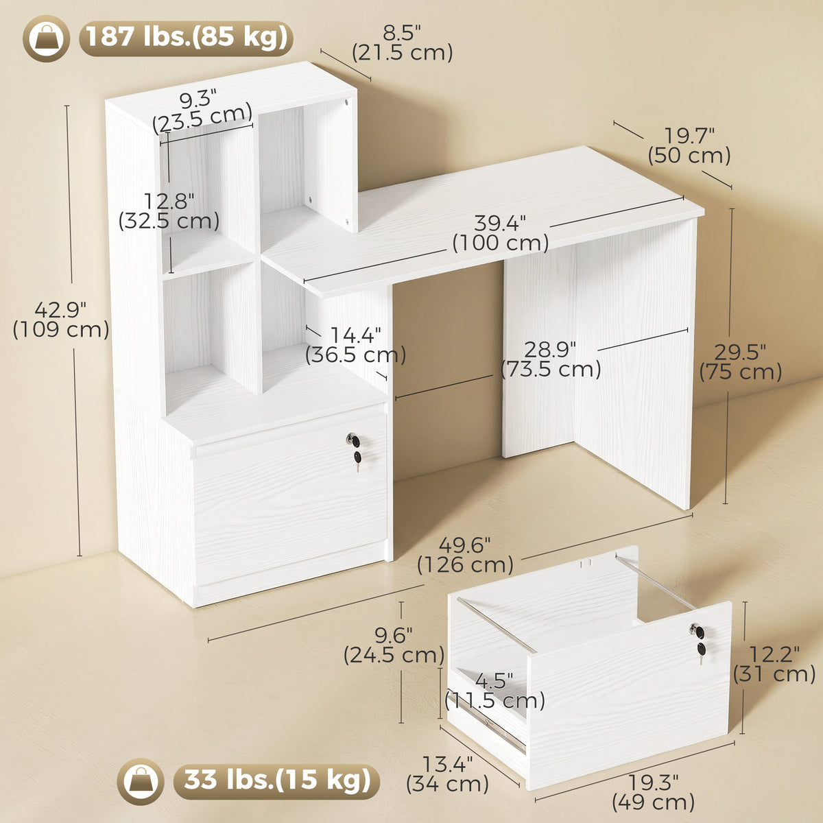 50" Computer Desk with Bookshelf and File Drawer - White-Office Products > Office Furniture > Office Desks & Work Stations > Computer Desks-DECOROLALA