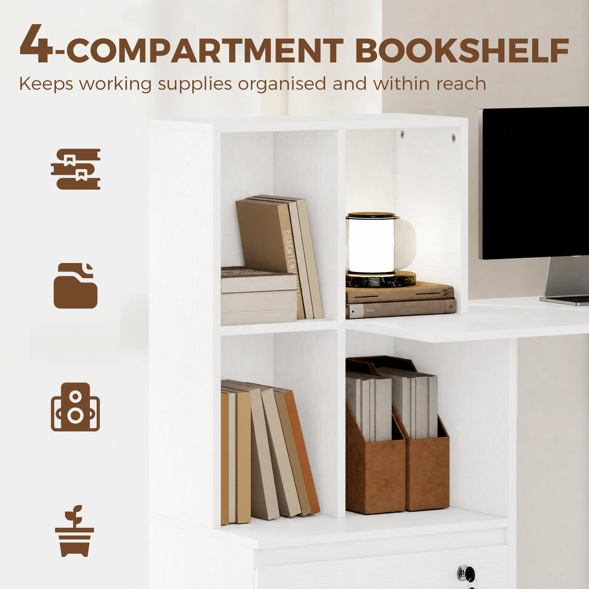 50" Computer Desk with Bookshelf and File Drawer - White-Office Products > Office Furniture > Office Desks & Work Stations > Computer Desks-DECOROLALA
