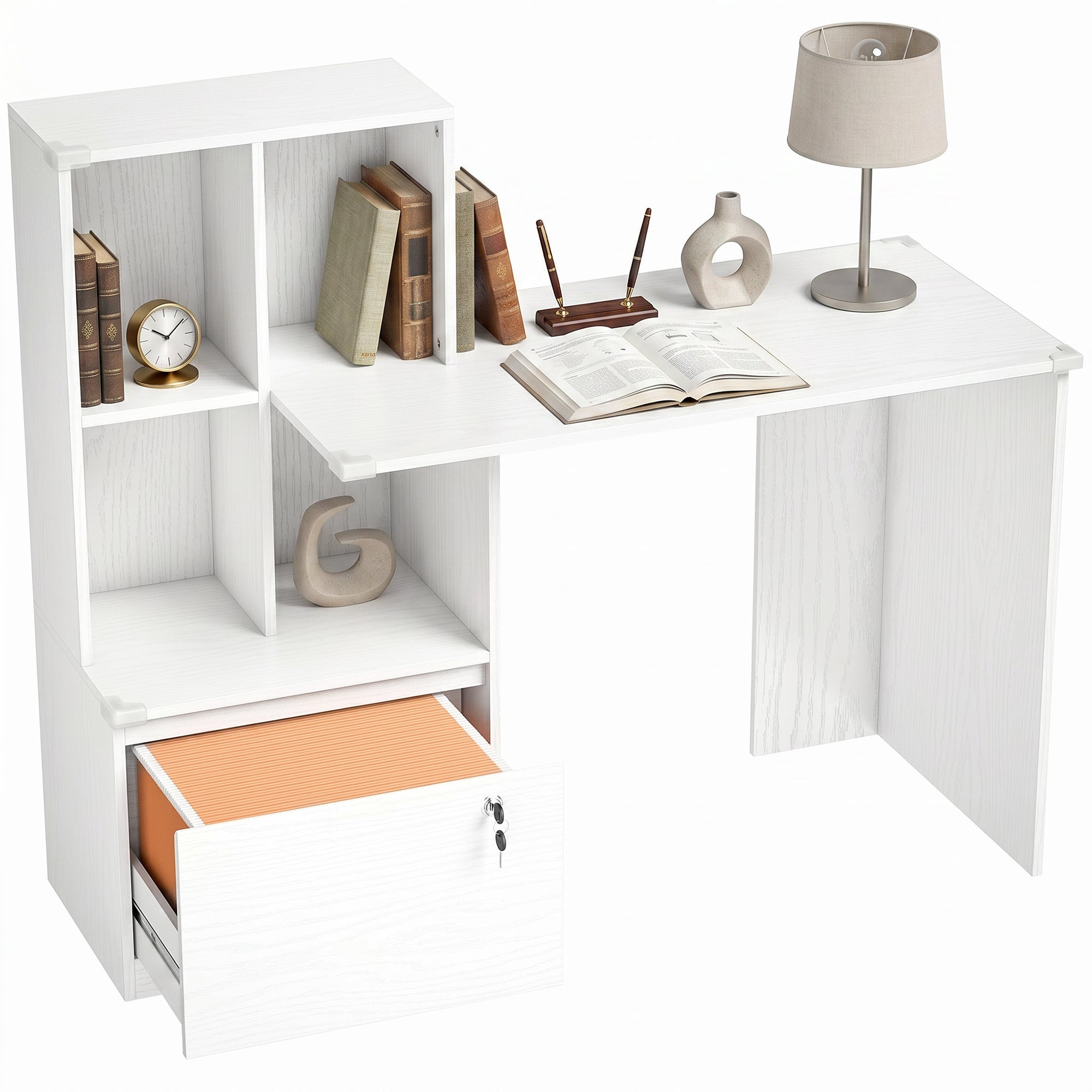 50" Computer Desk with Bookshelf and File Drawer - White-Office Products > Office Furniture > Office Desks & Work Stations > Computer Desks-DECOROLALA