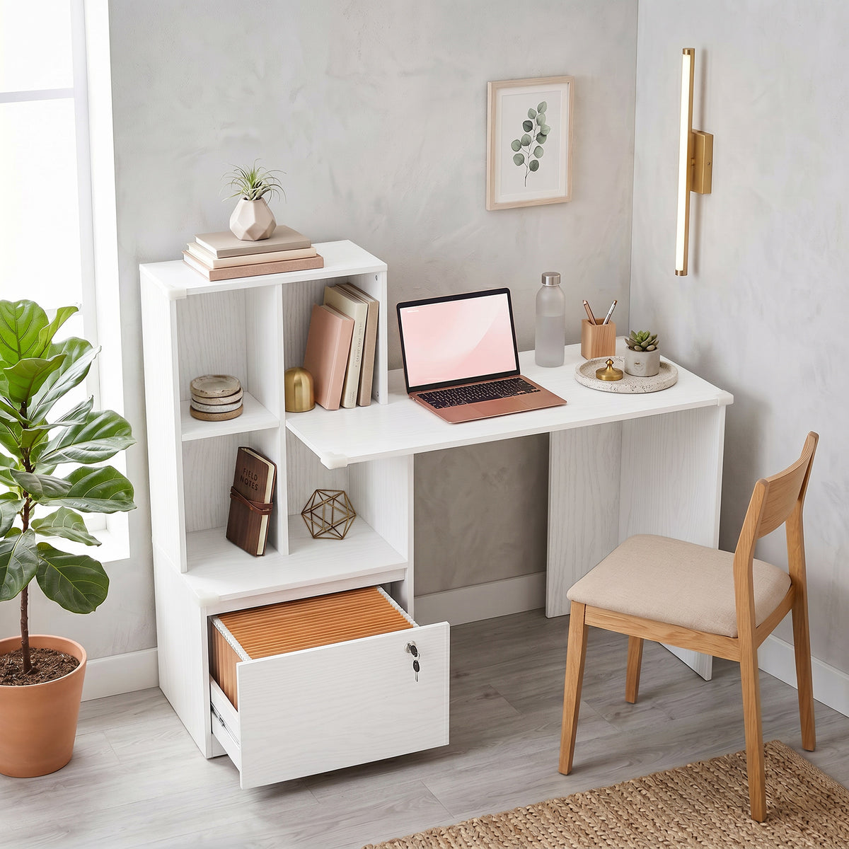 50" Computer Desk with Bookshelf and File Drawer - White-Office Products > Office Furniture > Office Desks & Work Stations > Computer Desks-DECOROLALA