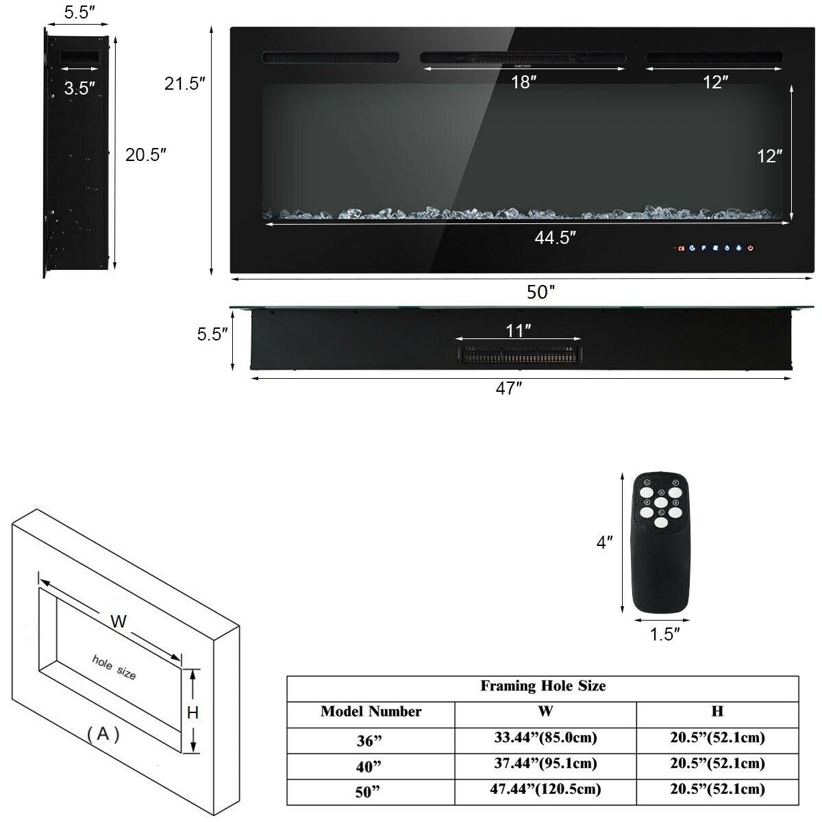 50 Inch Recessed Electric Insert Wall Mounted Fireplace with Adjustable Brightness-Fireplaces-DECOROLALA