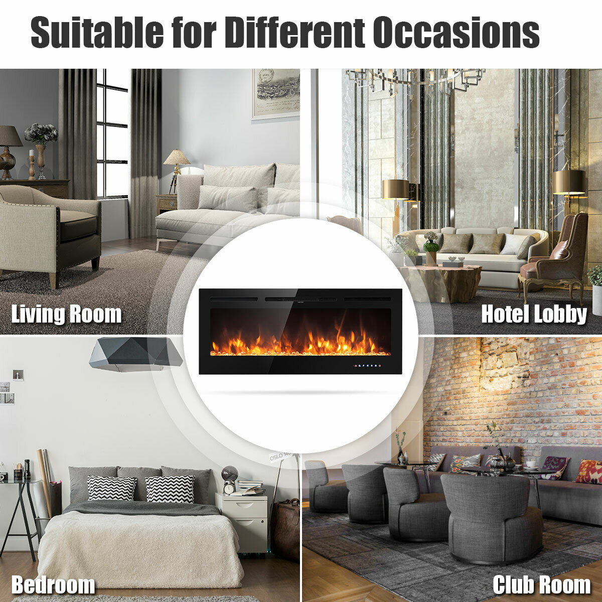 50 Inch Recessed Electric Insert Wall Mounted Fireplace with Adjustable Brightness-Fireplaces-DECOROLALA