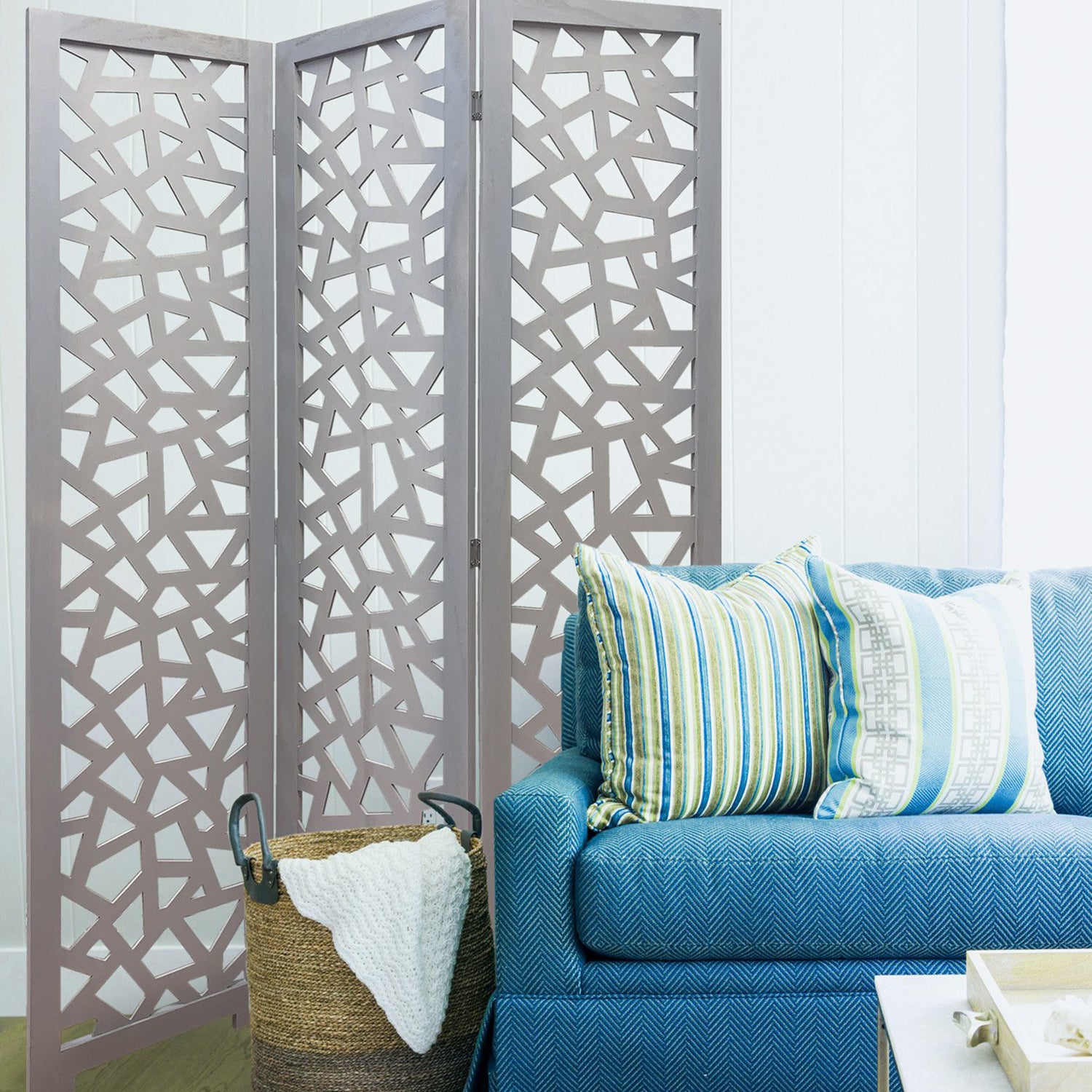 50" Gray Solid Wood Folding Three Panel Screen Room Divider-Room Dividers-DECOROLALA