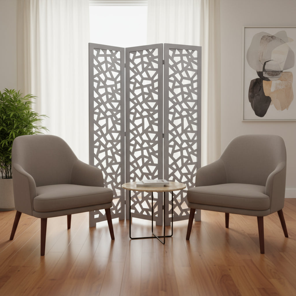 50" Gray Solid Wood Folding Three Panel Screen Room Divider-Room Dividers-DECOROLALA