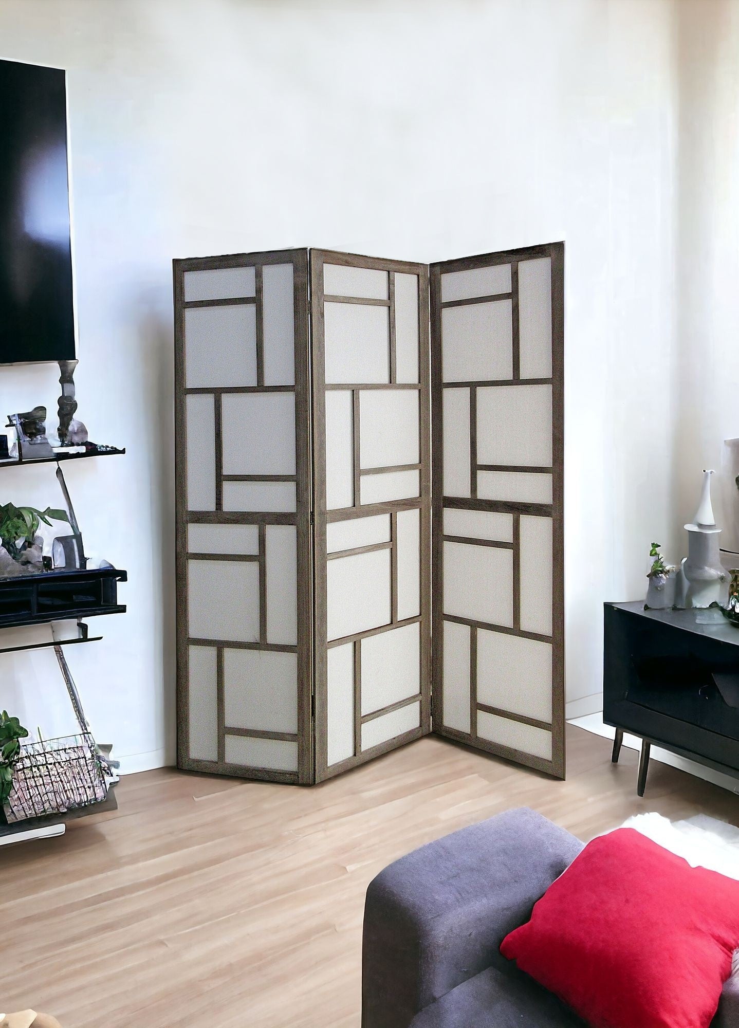 50" Gray and White Wood and Fabric Three Panel Screen Room Divider-Room Dividers-DECOROLALA