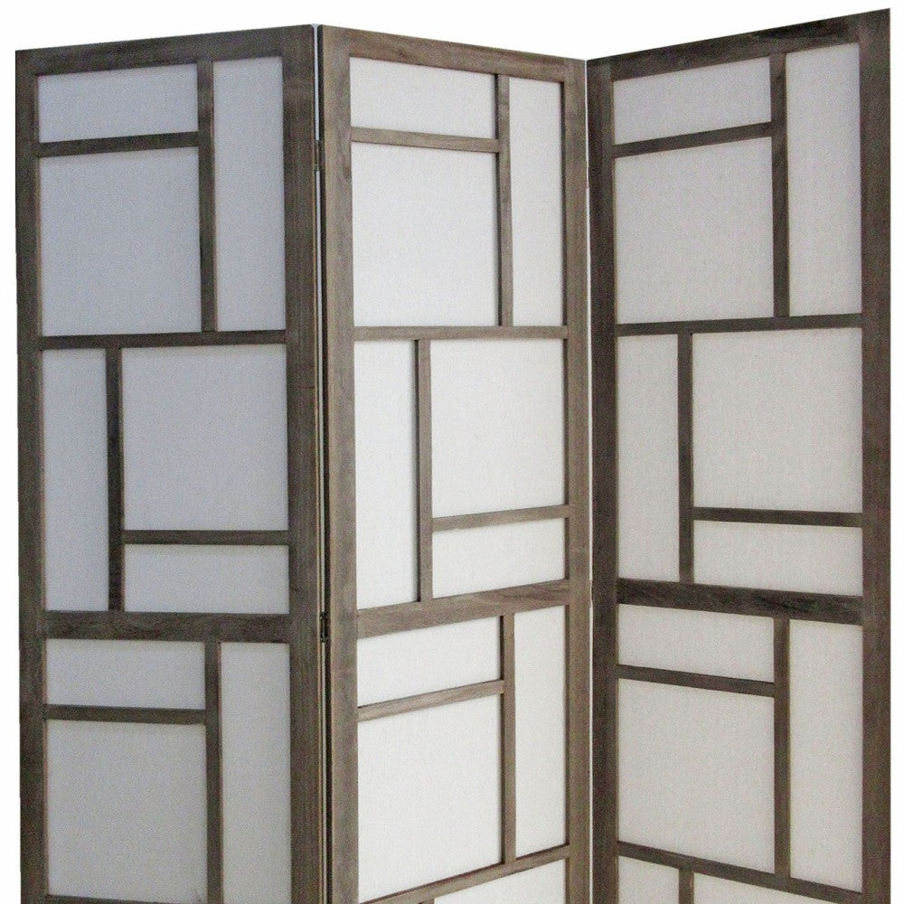50" Gray and White Wood and Fabric Three Panel Screen Room Divider-Room Dividers-DECOROLALA