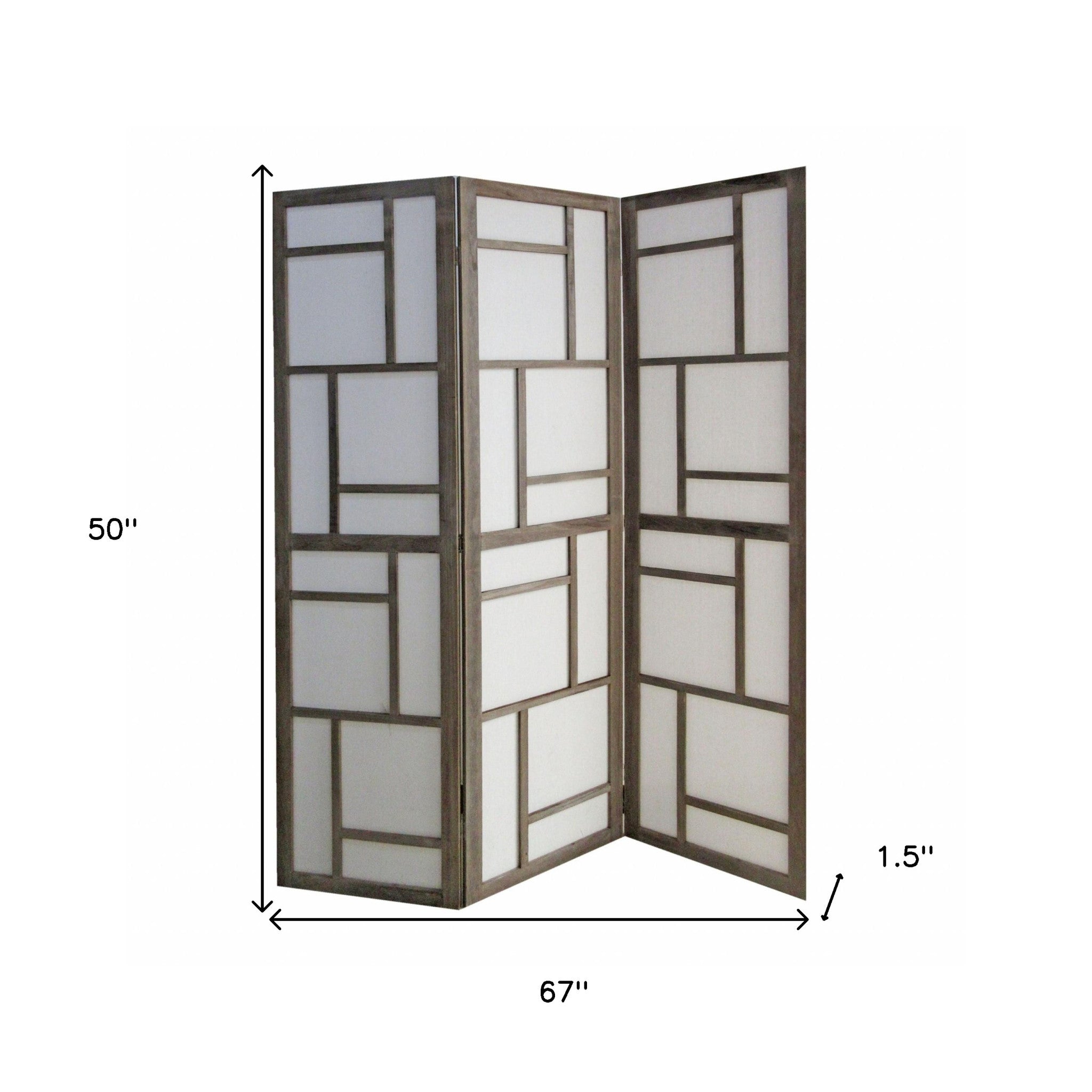 50" Gray and White Wood and Fabric Three Panel Screen Room Divider-Room Dividers-DECOROLALA