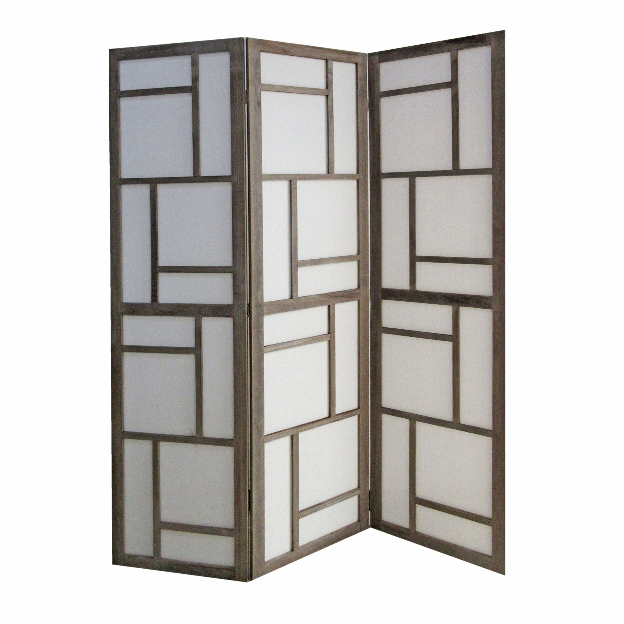 50" Gray and White Wood and Fabric Three Panel Screen Room Divider-Room Dividers-DECOROLALA