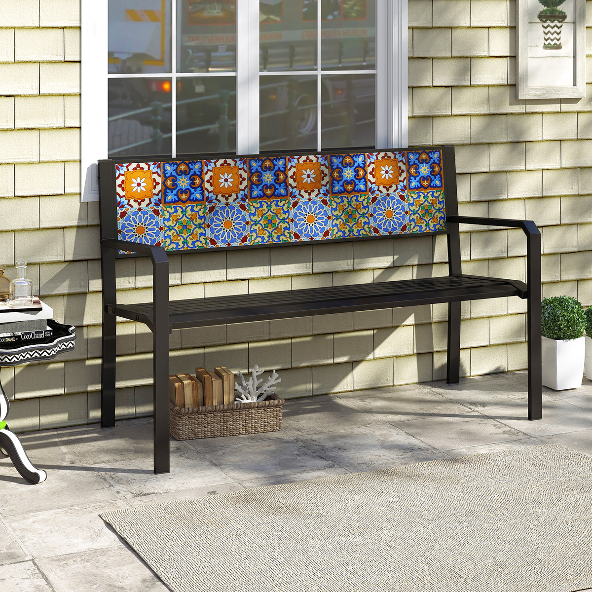 50 Inch Patio Metal Bench Slatted Loveseat for 2-3 People with Mosaic Backrest-Black-Outdoor Benches-DECOROLALA