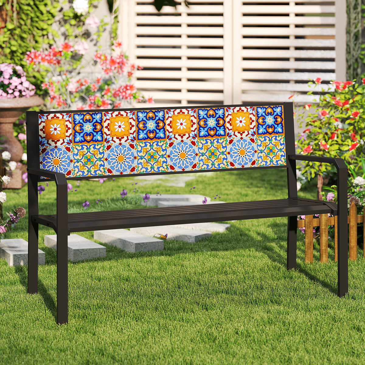 50 Inch Patio Metal Bench Slatted Loveseat for 2-3 People with Mosaic Backrest-Black-Outdoor Benches-DECOROLALA