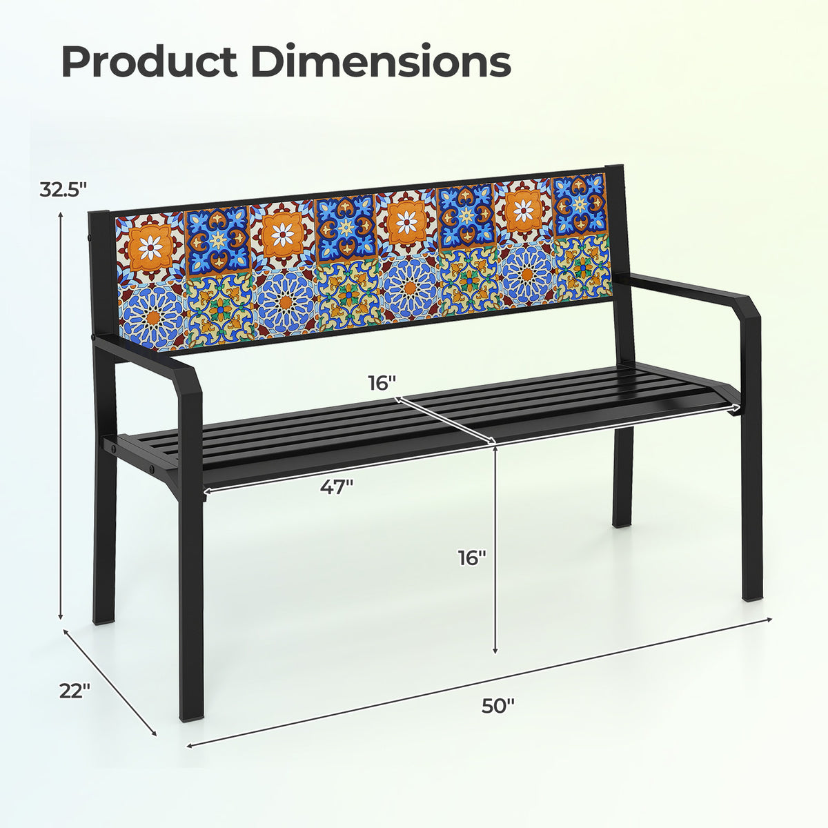 50 Inch Patio Metal Bench Slatted Loveseat for 2-3 People with Mosaic Backrest-Black-Outdoor Benches-DECOROLALA