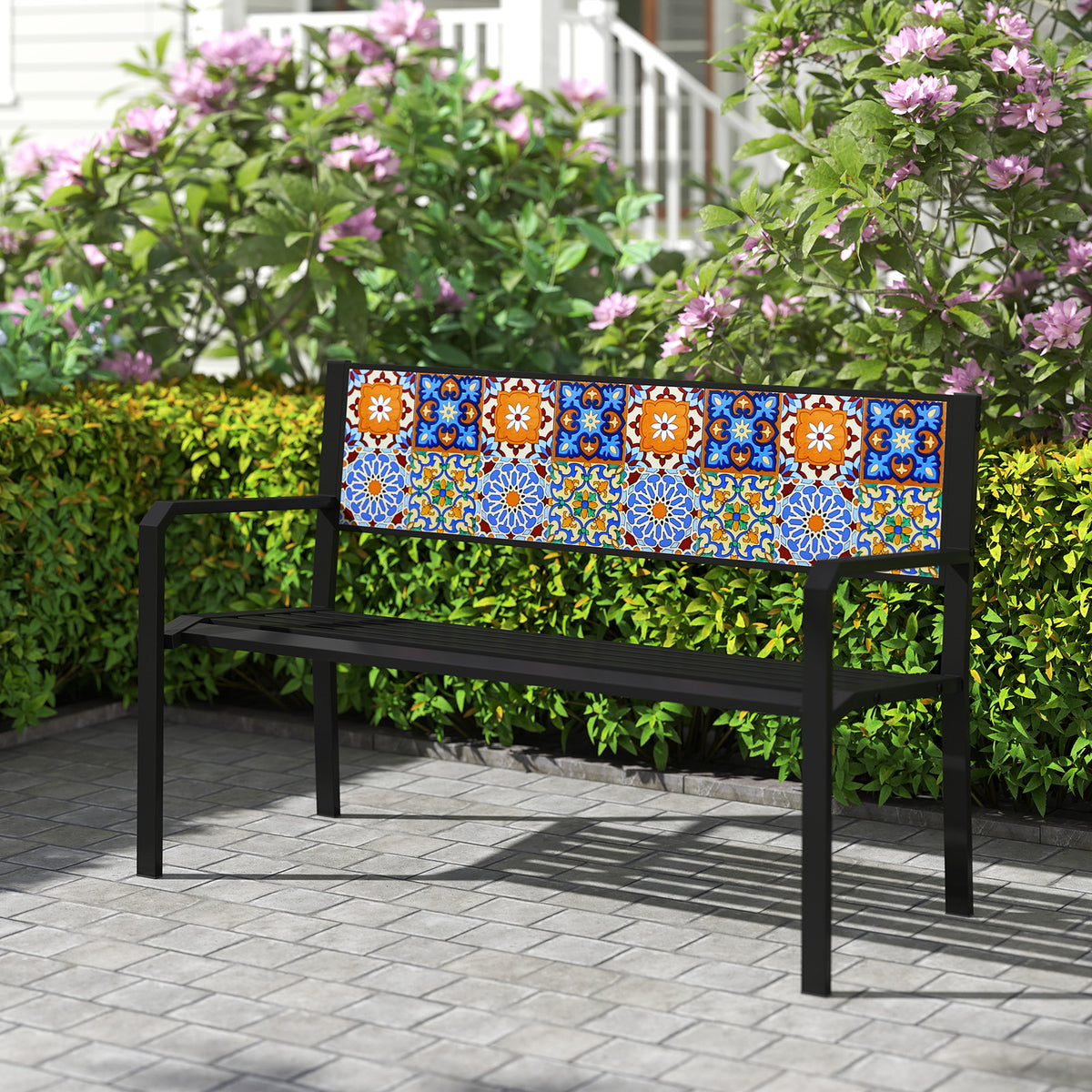 50 Inch Patio Metal Bench Slatted Loveseat for 2-3 People with Mosaic Backrest-Black-Outdoor Benches-DECOROLALA
