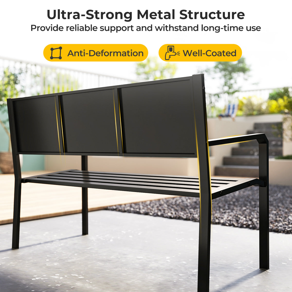 50 Inch Patio Metal Bench Slatted Loveseat for 2-3 People with Mosaic Backrest-Black-Outdoor Benches-DECOROLALA