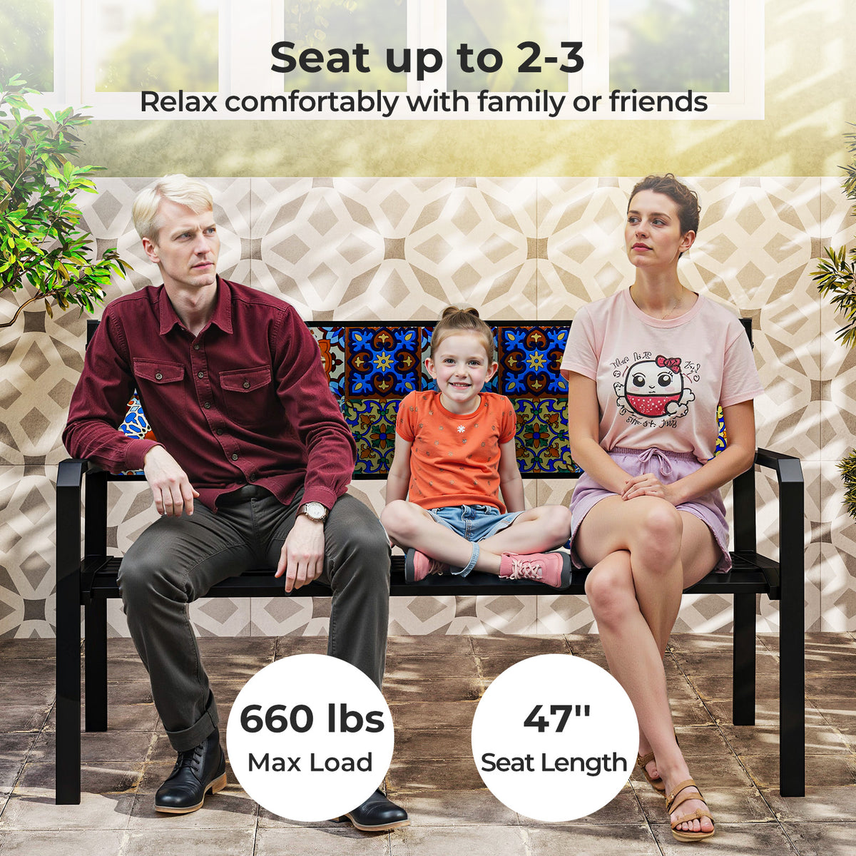 50 Inch Patio Metal Bench Slatted Loveseat for 2-3 People with Mosaic Backrest-Black-Outdoor Benches-DECOROLALA