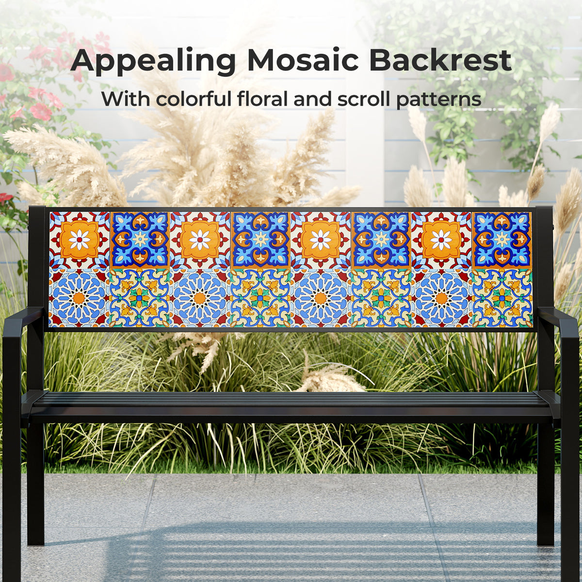 50 Inch Patio Metal Bench Slatted Loveseat for 2-3 People with Mosaic Backrest-Black-Outdoor Benches-DECOROLALA