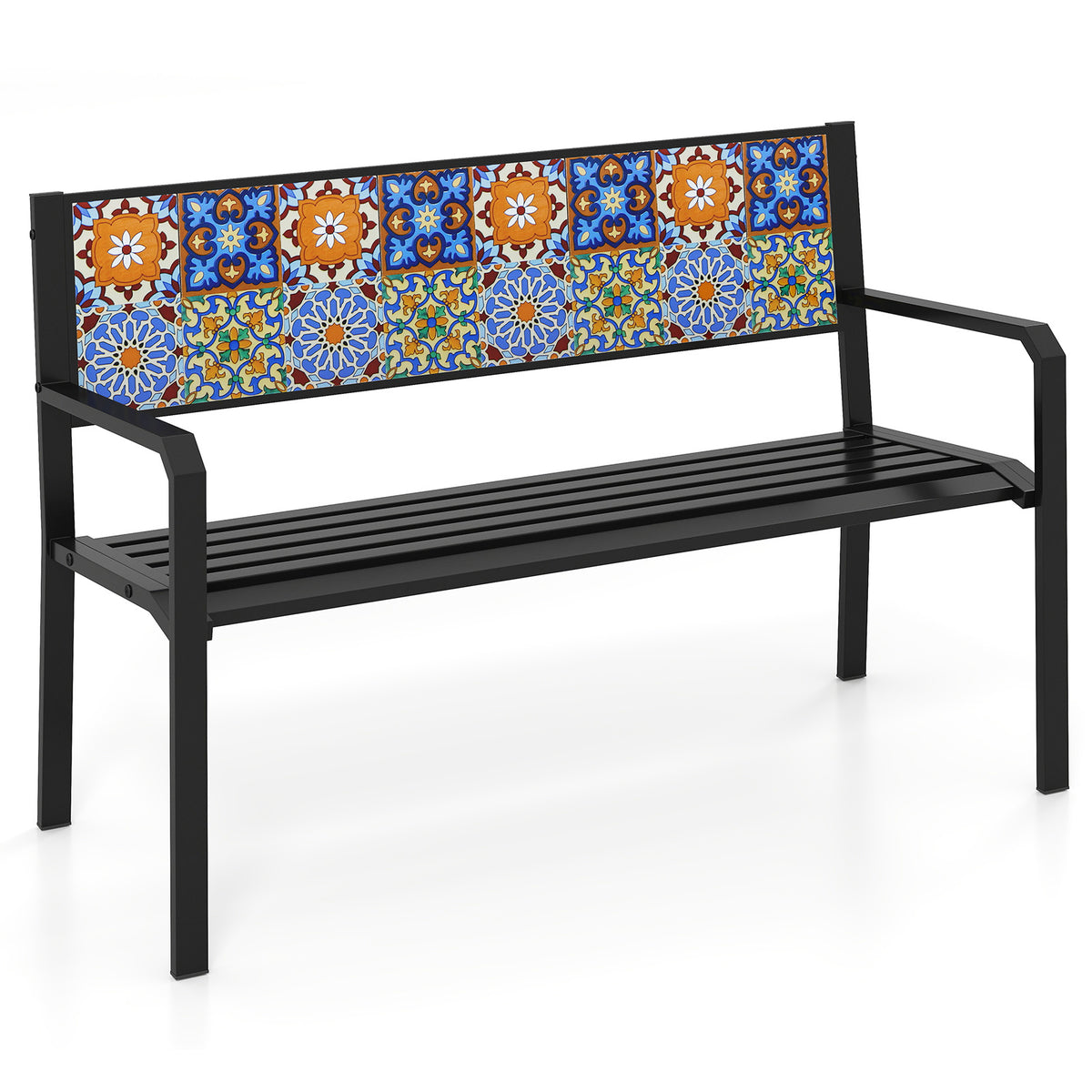 50 Inch Patio Metal Bench Slatted Loveseat for 2-3 People with Mosaic Backrest-Black-Outdoor Benches-DECOROLALA