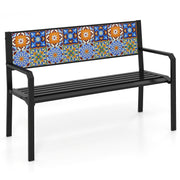 50 Inch Patio Metal Bench Slatted Loveseat for 2-3 People with Mosaic Backrest-Black-Outdoor Benches-DECOROLALA