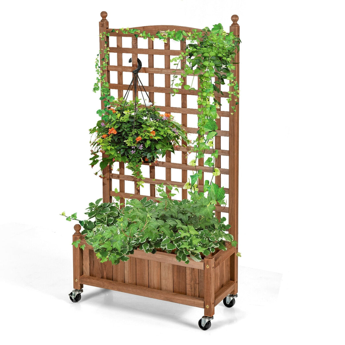 50 Inch Wood Planter Box with Trellis Mobile Raised Bed for Climbing Plant-Raised Garden Beds-DECOROLALA