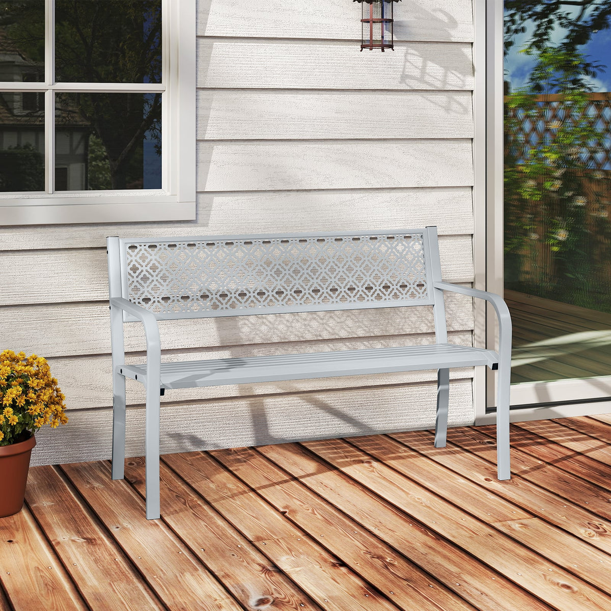 50 Inches Outdoor Garden Bench with Geometric Lattice Backrest and Slatted Seat-Gray-Outdoor Benches-DECOROLALA