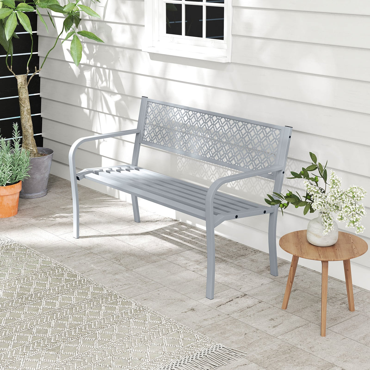 50 Inches Outdoor Garden Bench with Geometric Lattice Backrest and Slatted Seat-Gray-Outdoor Benches-DECOROLALA