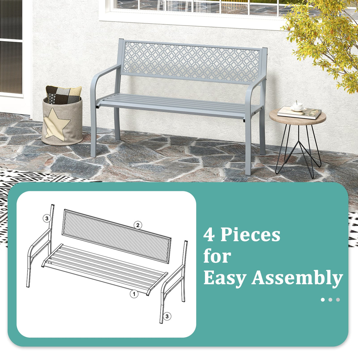 50 Inches Outdoor Garden Bench with Geometric Lattice Backrest and Slatted Seat-Gray-Outdoor Benches-DECOROLALA