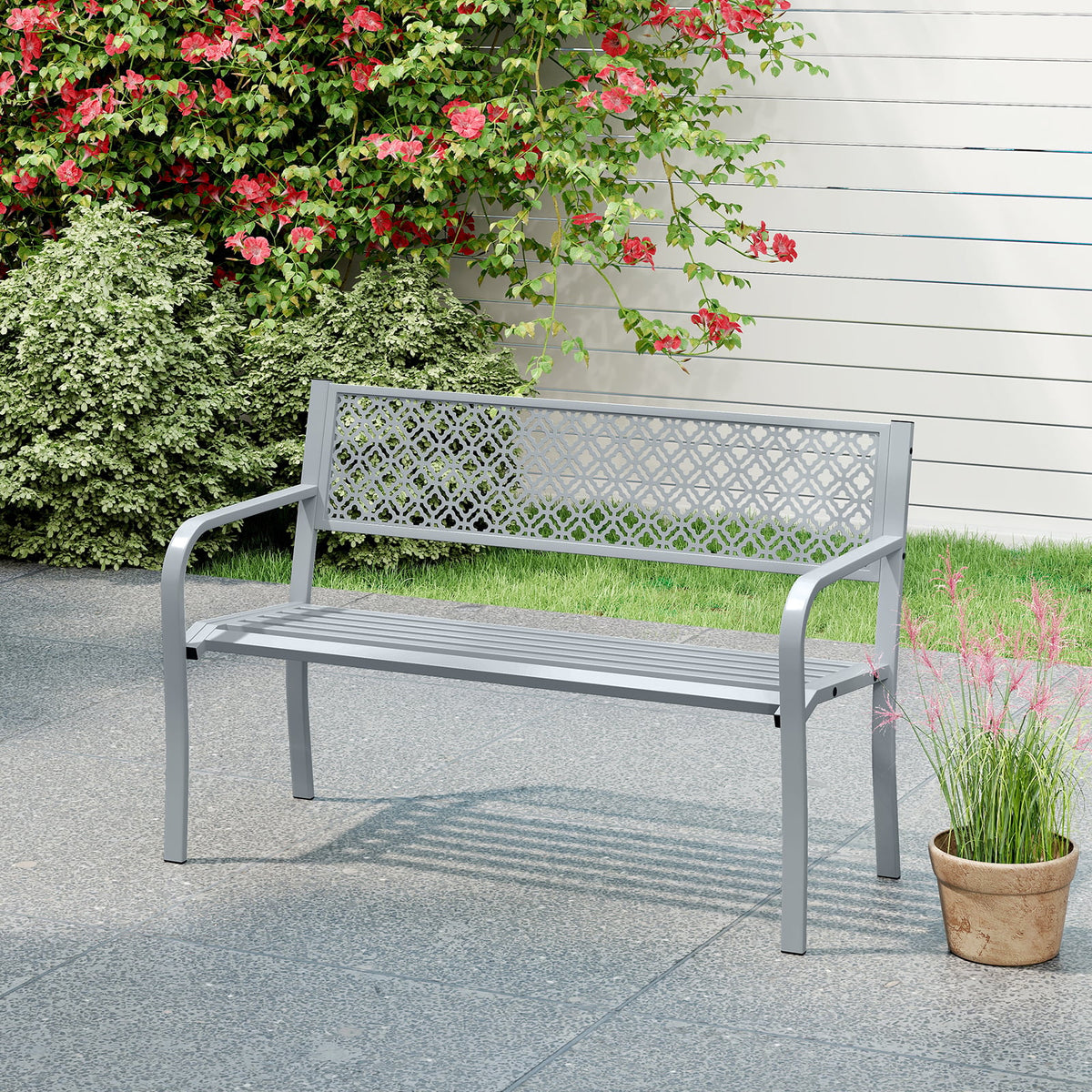 50 Inches Outdoor Garden Bench with Geometric Lattice Backrest and Slatted Seat-Gray-Outdoor Benches-DECOROLALA