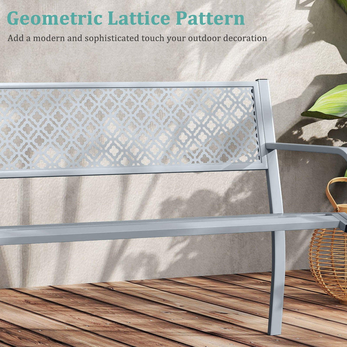 50 Inches Outdoor Garden Bench with Geometric Lattice Backrest and Slatted Seat-Gray-Outdoor Benches-DECOROLALA