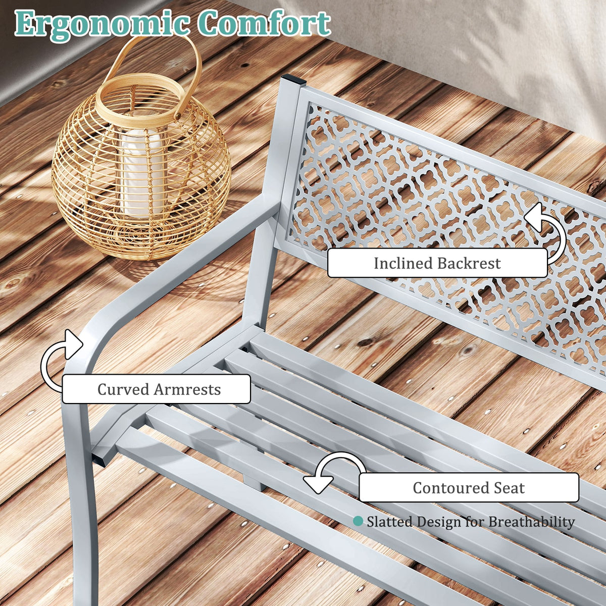 50 Inches Outdoor Garden Bench with Geometric Lattice Backrest and Slatted Seat-Gray-Outdoor Benches-DECOROLALA