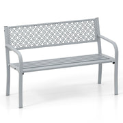 50 Inches Outdoor Garden Bench with Geometric Lattice Backrest and Slatted Seat-Gray-Outdoor Benches-DECOROLALA