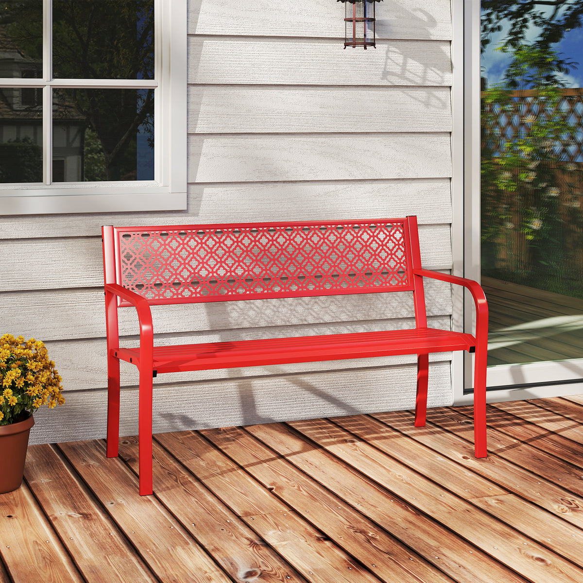 50 Inches Outdoor Garden Bench with Geometric Lattice Backrest and Slatted Seat-Red-Outdoor Benches-DECOROLALA