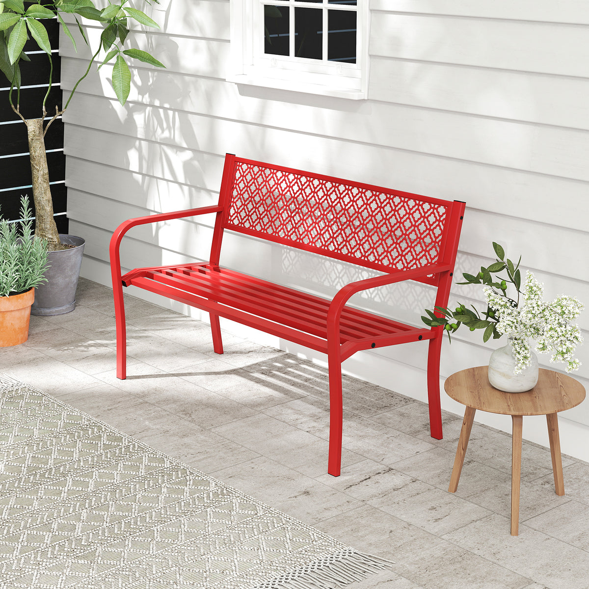 50 Inches Outdoor Garden Bench with Geometric Lattice Backrest and Slatted Seat-Red-Outdoor Benches-DECOROLALA