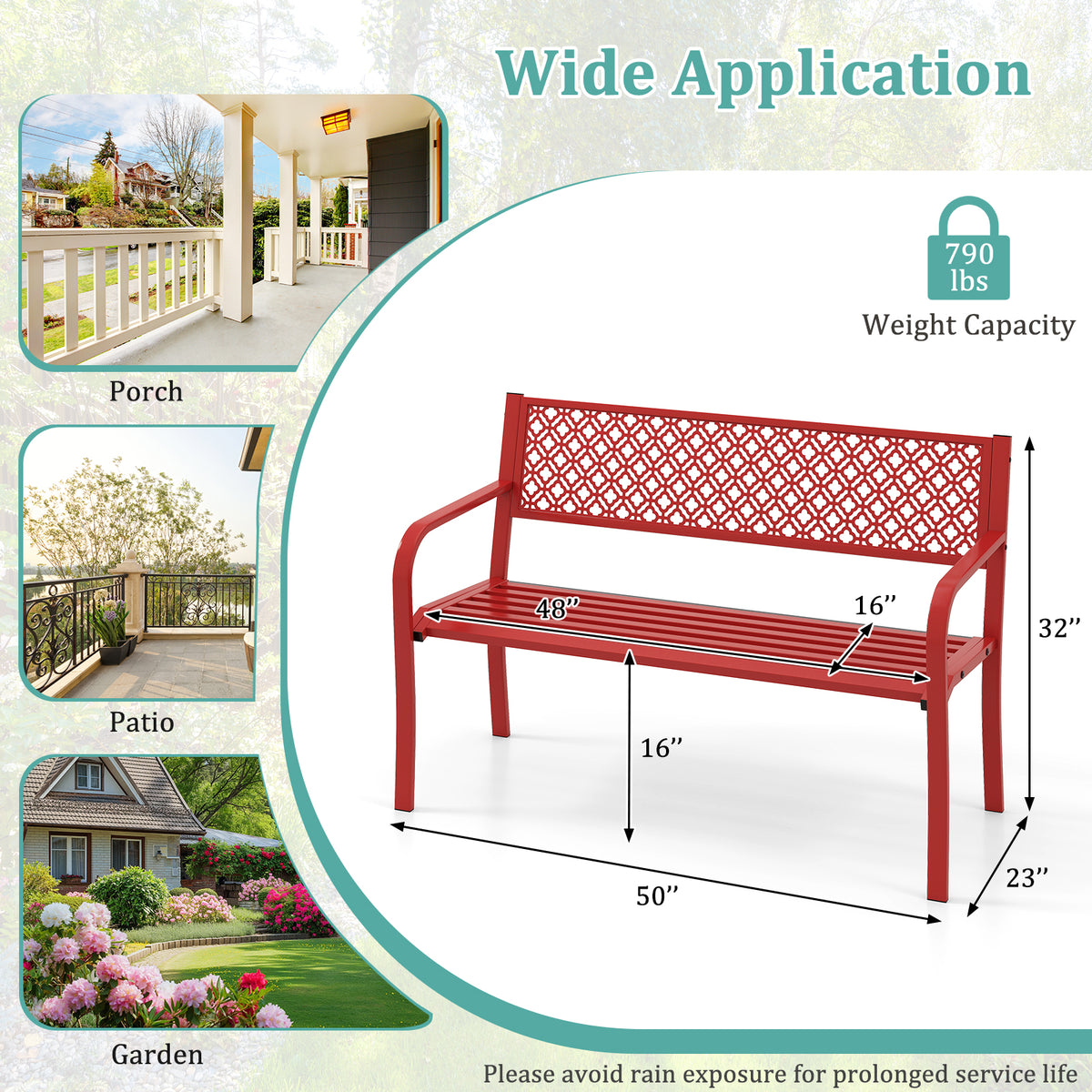50 Inches Outdoor Garden Bench with Geometric Lattice Backrest and Slatted Seat-Red-Outdoor Benches-DECOROLALA