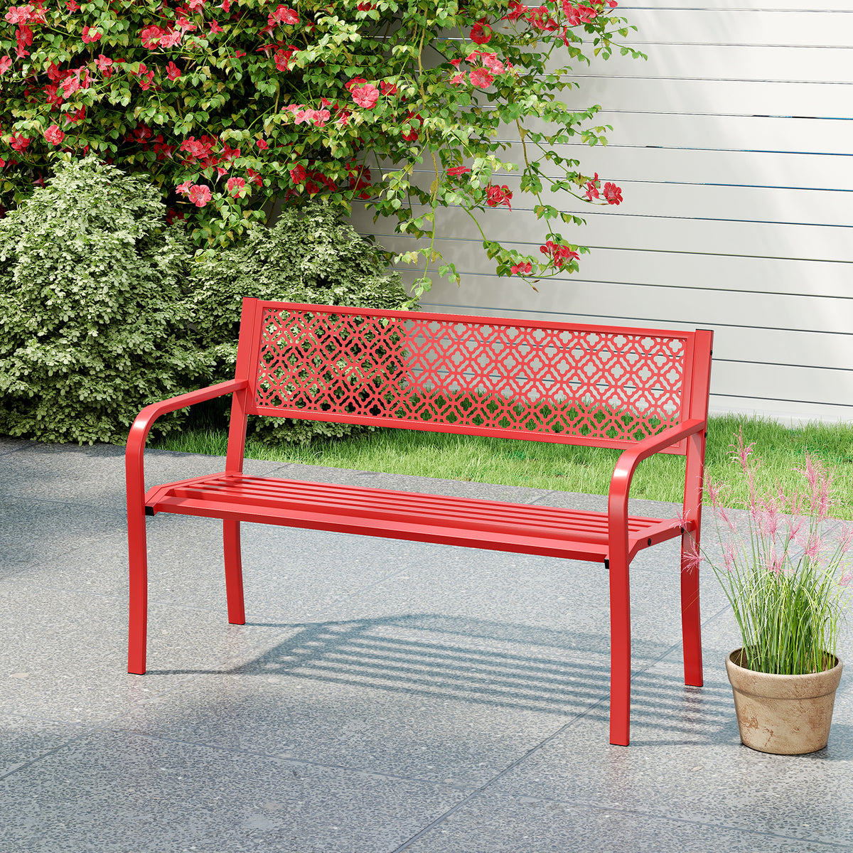 50 Inches Outdoor Garden Bench with Geometric Lattice Backrest and Slatted Seat-Red-Outdoor Benches-DECOROLALA
