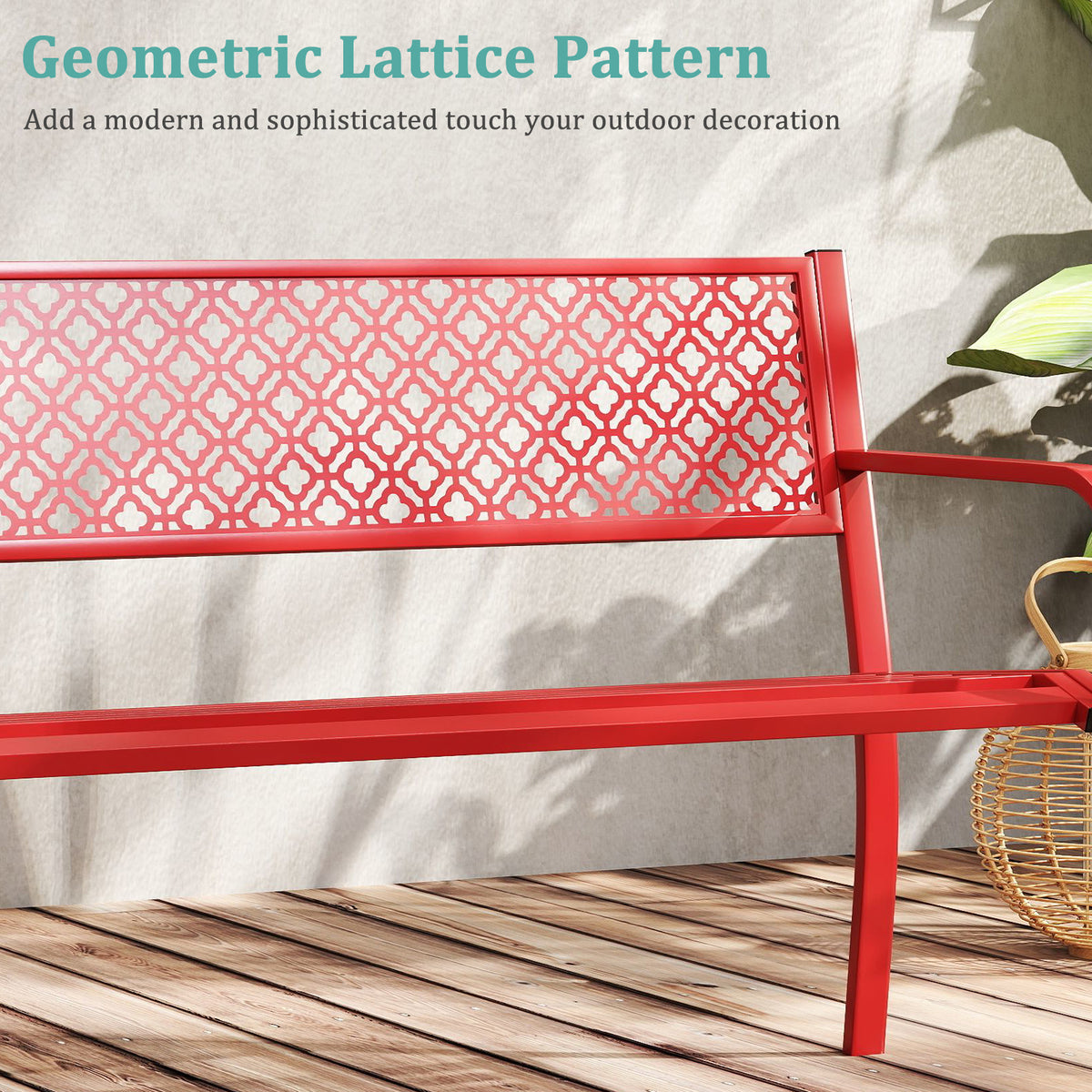 50 Inches Outdoor Garden Bench with Geometric Lattice Backrest and Slatted Seat-Red-Outdoor Benches-DECOROLALA