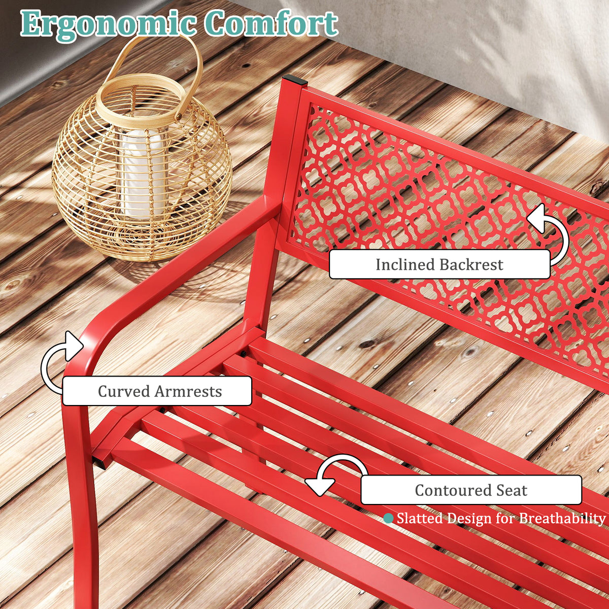 50 Inches Outdoor Garden Bench with Geometric Lattice Backrest and Slatted Seat-Red-Outdoor Benches-DECOROLALA