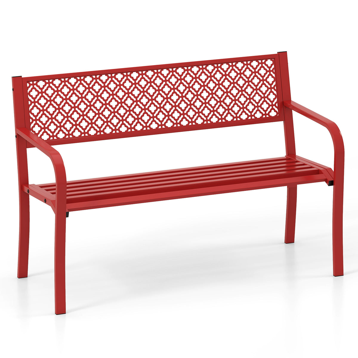 50 Inches Outdoor Garden Bench with Geometric Lattice Backrest and Slatted Seat-Red-Outdoor Benches-DECOROLALA