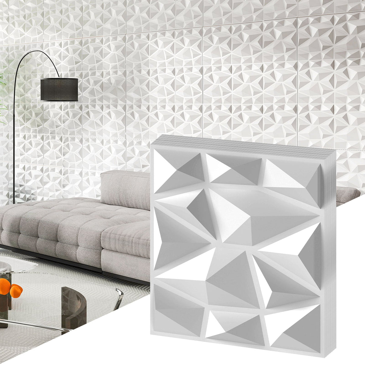 50-Pack 3D Wall Panels PVC Interior Wall Decoration with Diamond Accent-White-Wall Decor-DECOROLALA